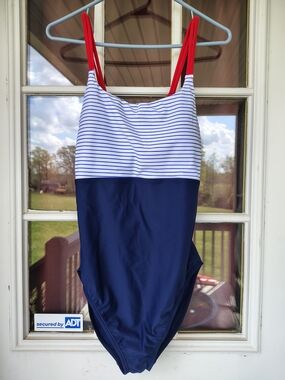 Women's SPEEDO Navy Stripe One-Piece Swimsuit with Red Straps